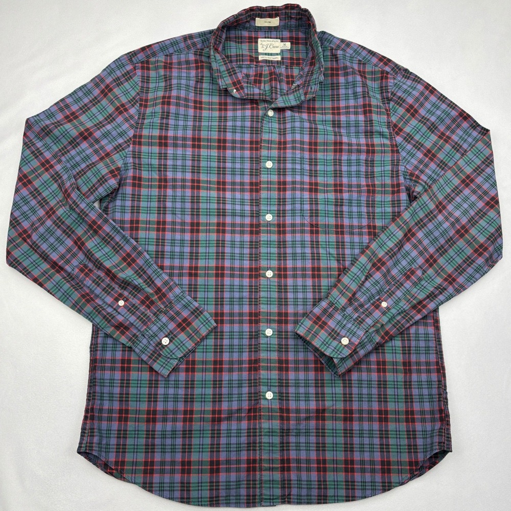 JCrew Secret Wash Shirt Mens Medium Slim Purple Green Red Plaid Button Down M